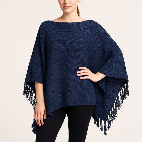 NWT $230 Max Sport Chunky Knit Poncho Cape L/XL Blue Asymmetrical Fringe - Picture 1 of 8
